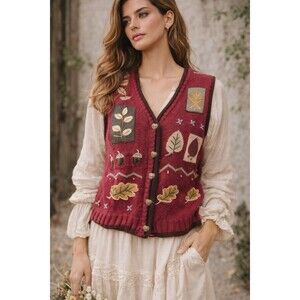 Vintage Cottagecore Knit Sweater Vest Women L Berry Embroidered Fall Handmade